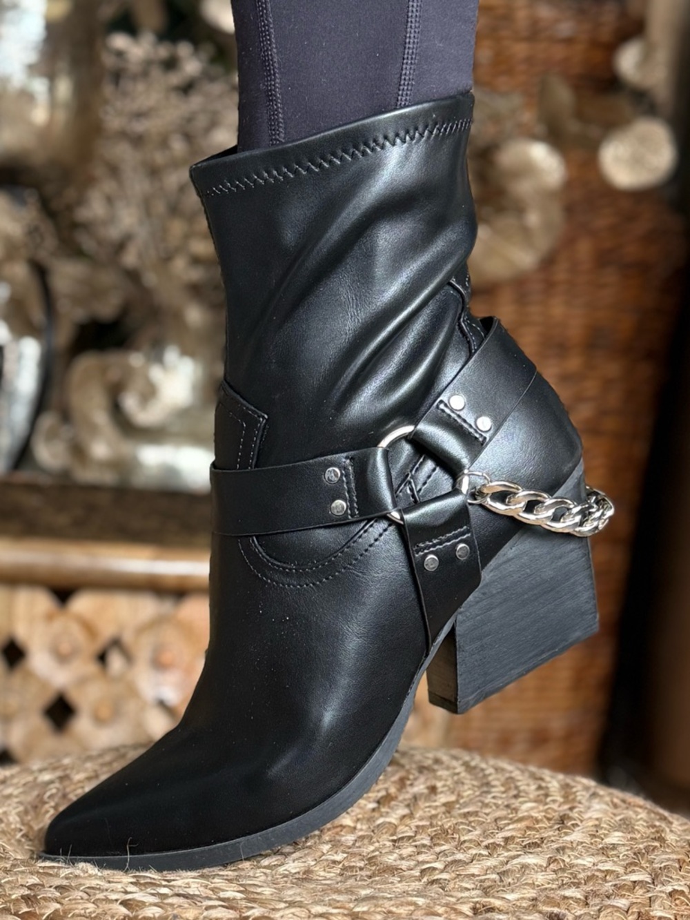Black faux leather Ankle Boot with Chain Accent western vibe booties